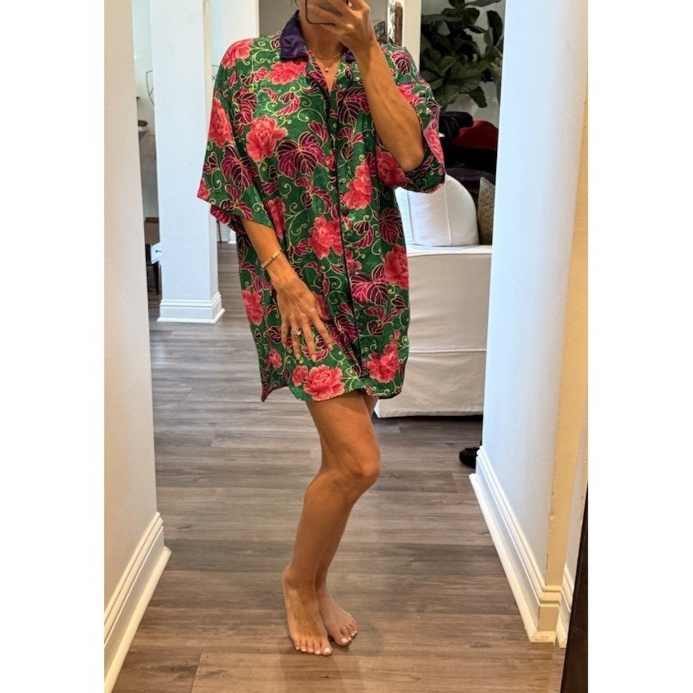 Vintage Victorias Secret Gold Label Green Purple Floral Kimono Button Up Gown